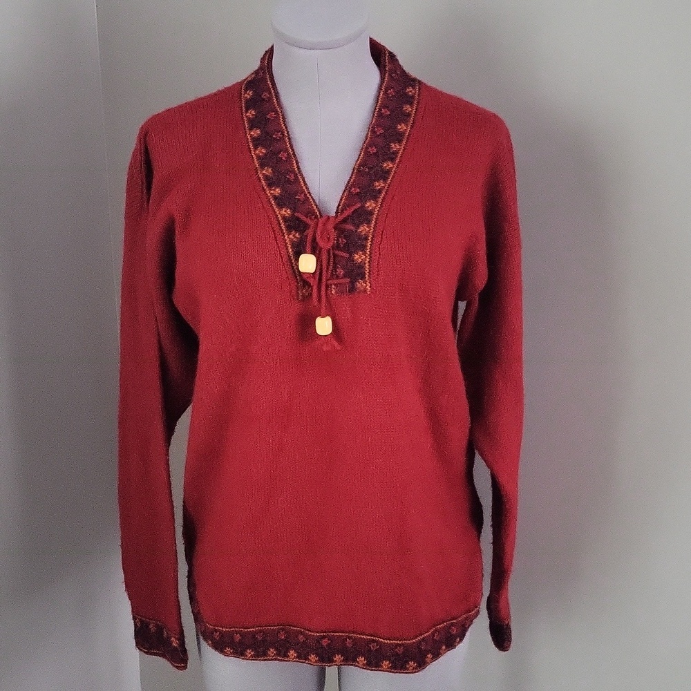 Luxury Baby Alpaca Inka Tradition Red V-Neck Pullover sz Large